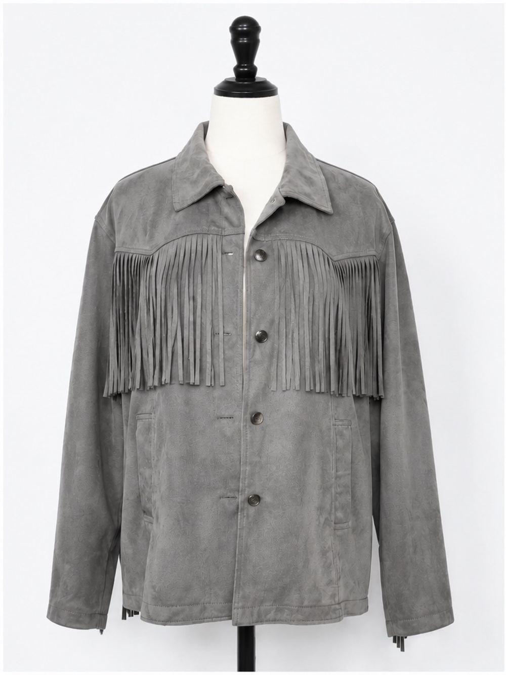 Fringed Vegan Suede Jacket - Grey